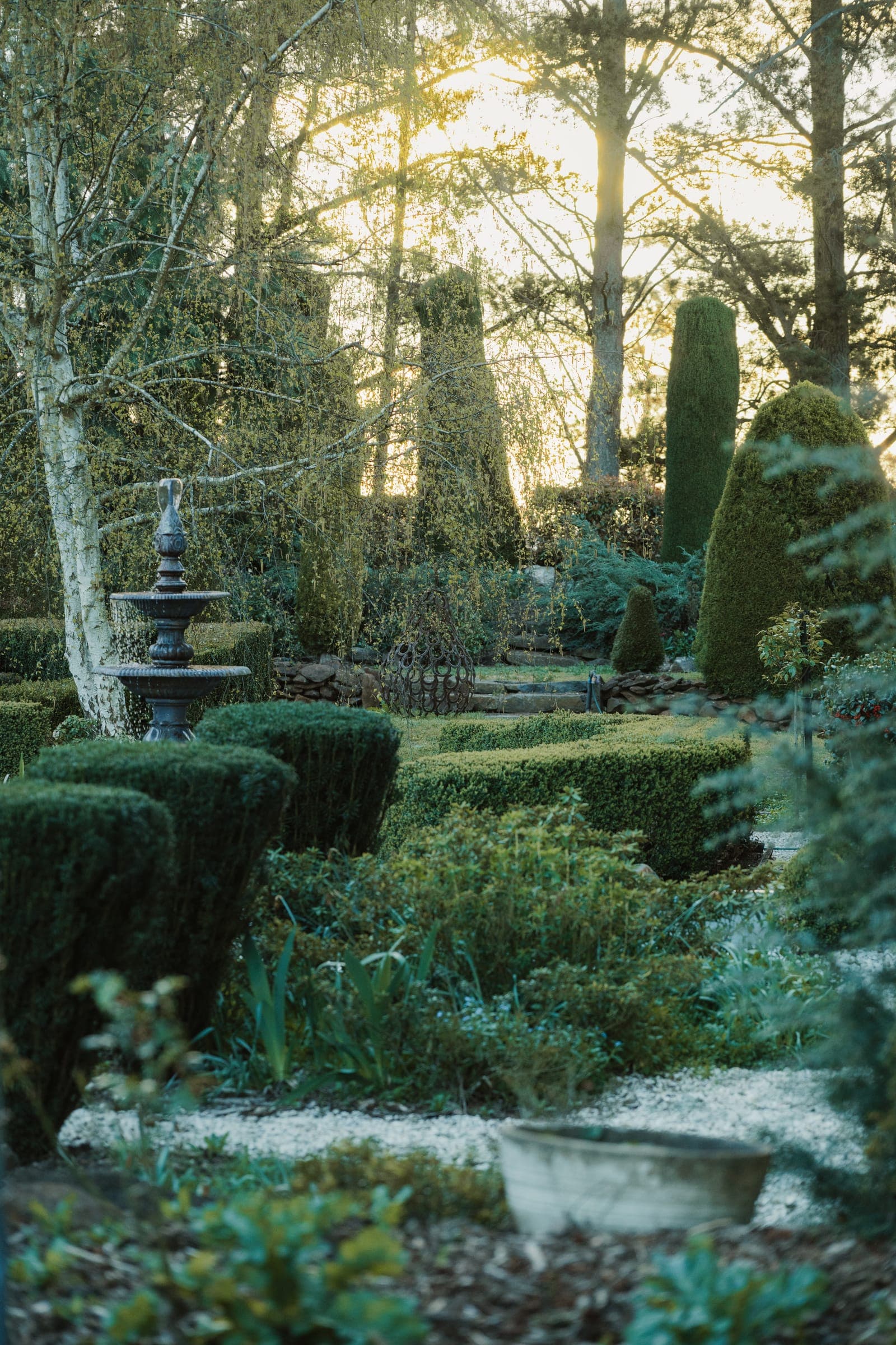 Golden-hour light over the fountain and topiary of the formal garden