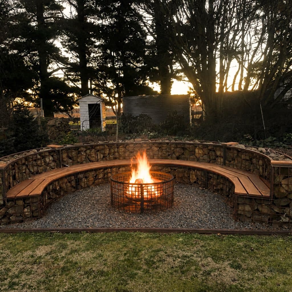 The stone fire pit lit at dusk